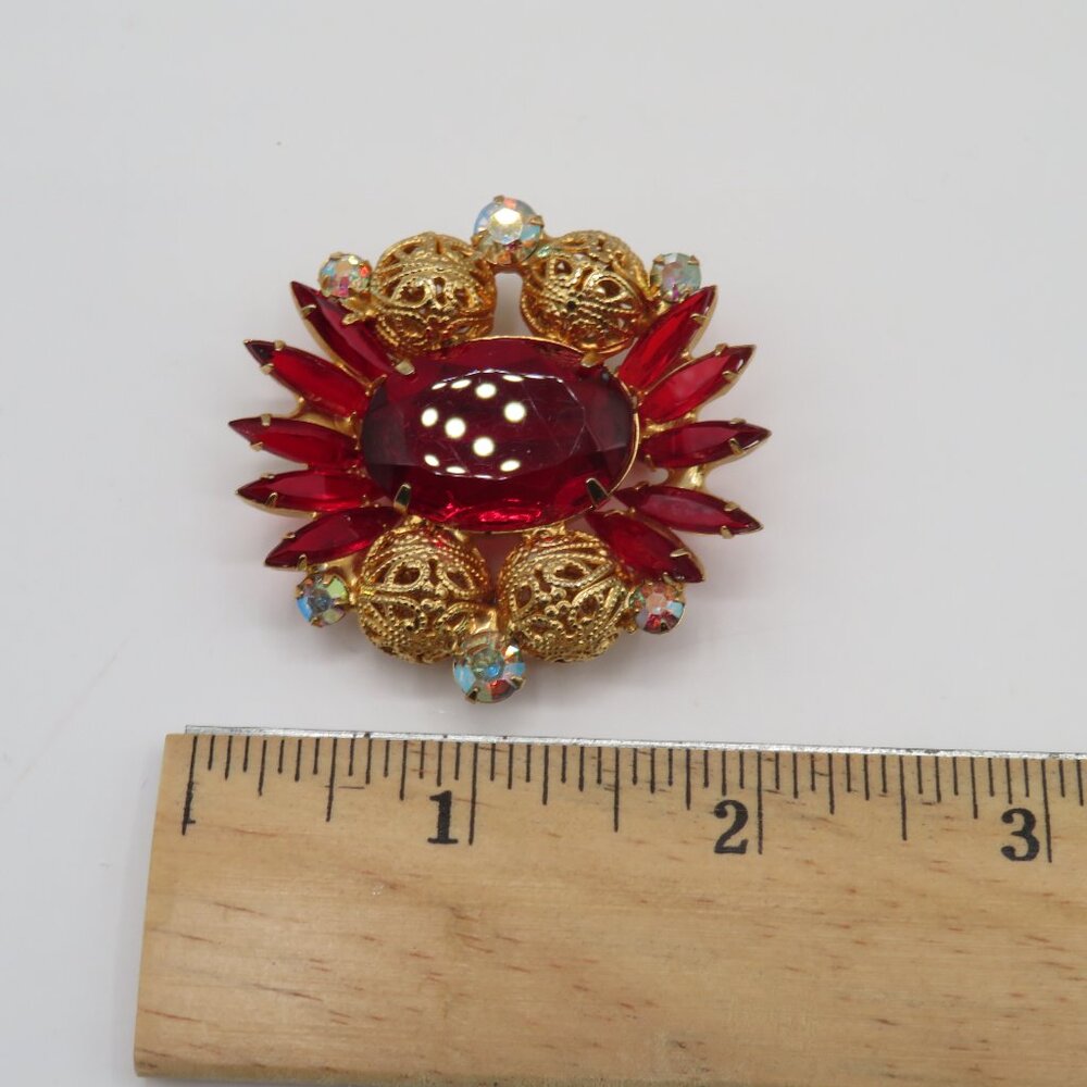 Juliana Red Rhinestone Gold Tone Filigree Brooch - Picture 8 of 8